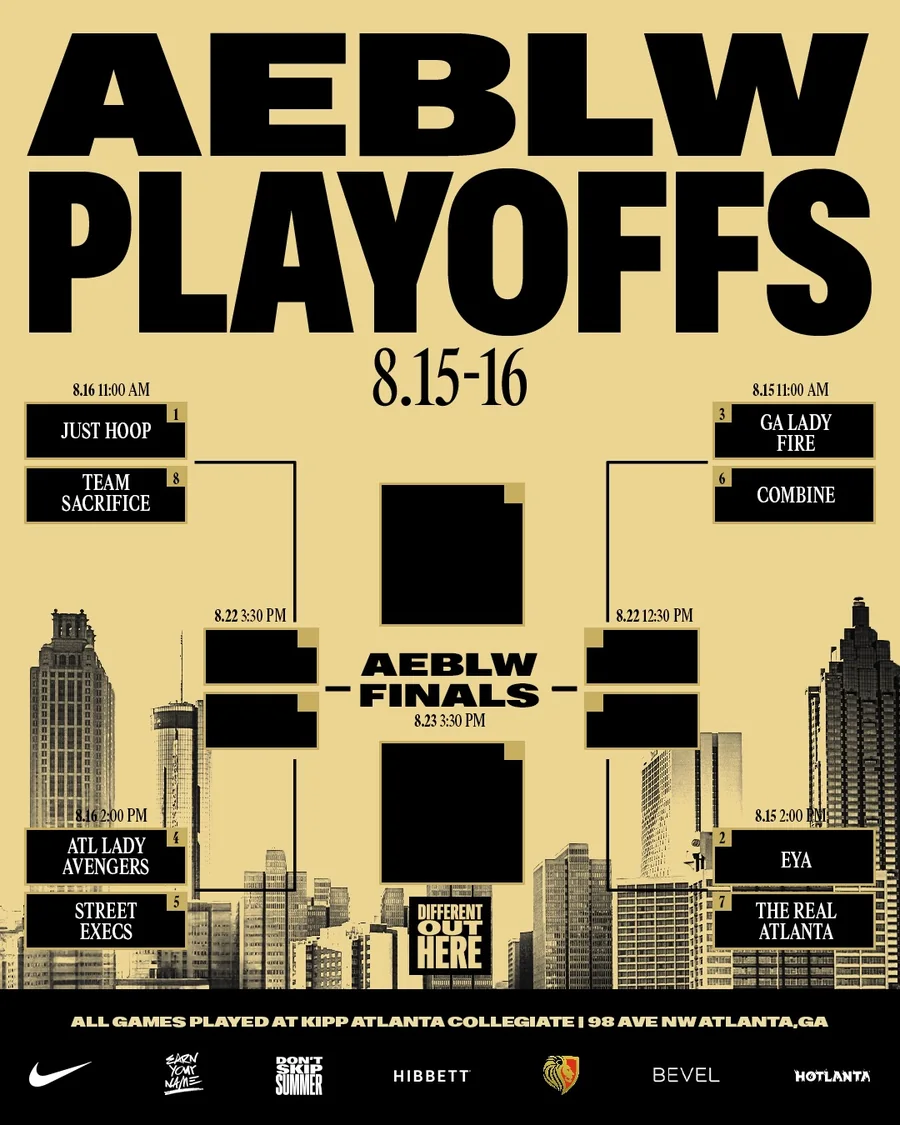 The AEBLW playoff schedule graphic: eight teams, games on August 15, 16, 22 and 23, all at KIPP Atlanta Collegiate.
