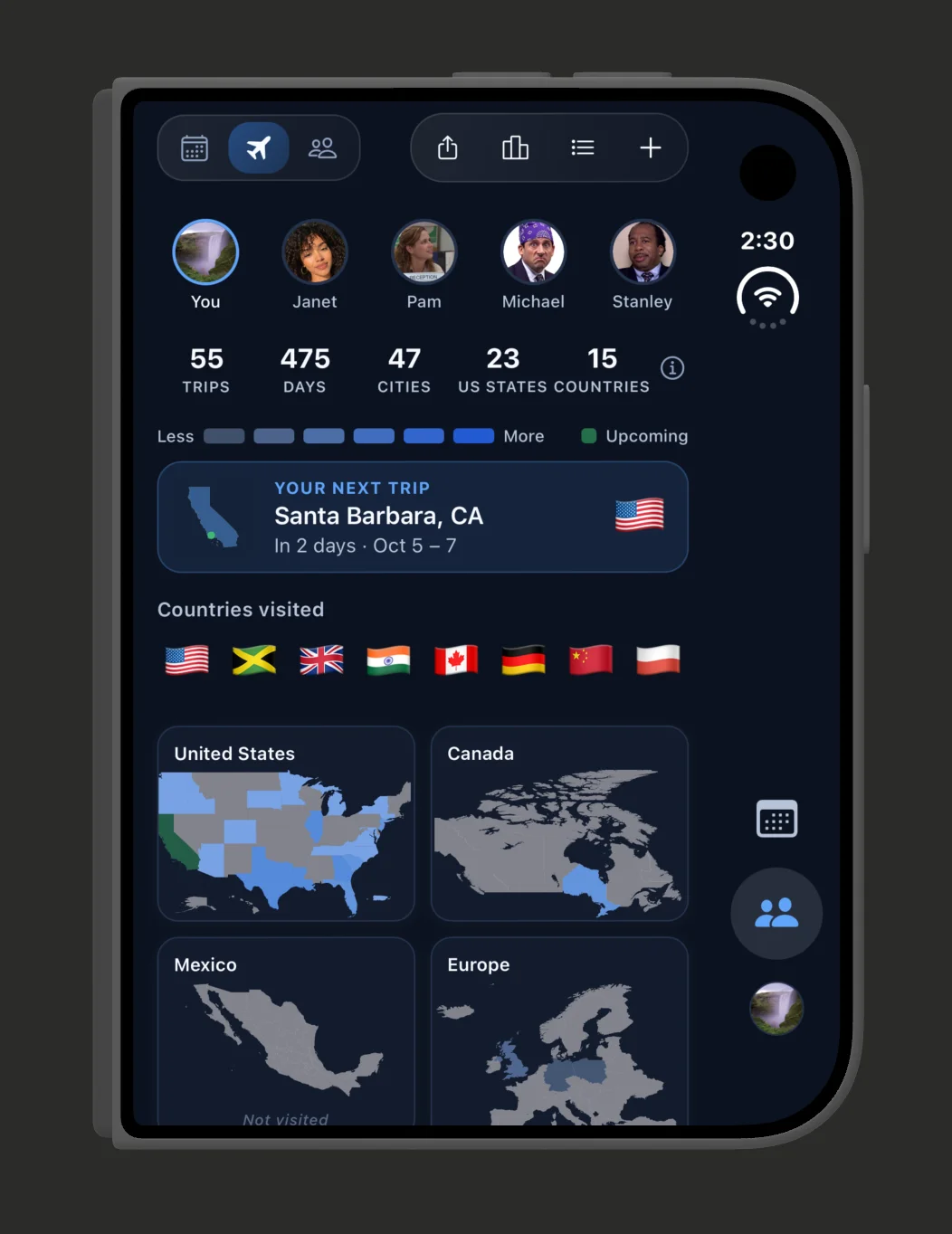 SoKal on iPhone Duo, folded, on the cover screen. The Travel tab with friends' avatars, counts of trips, days, cities and countries, the next trip to Santa Barbara, and maps of the countries visited.
