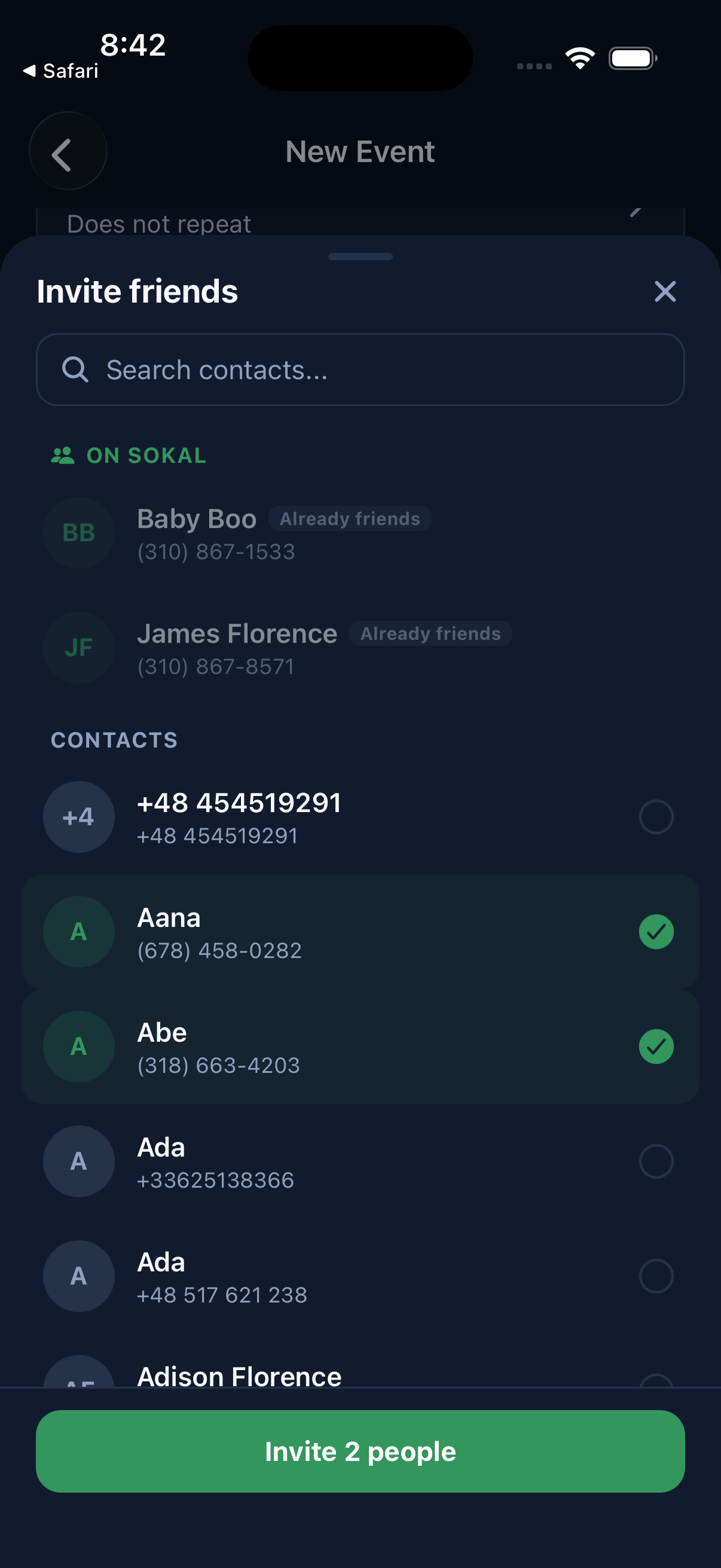 Step 1: User selects contacts to invite to an event