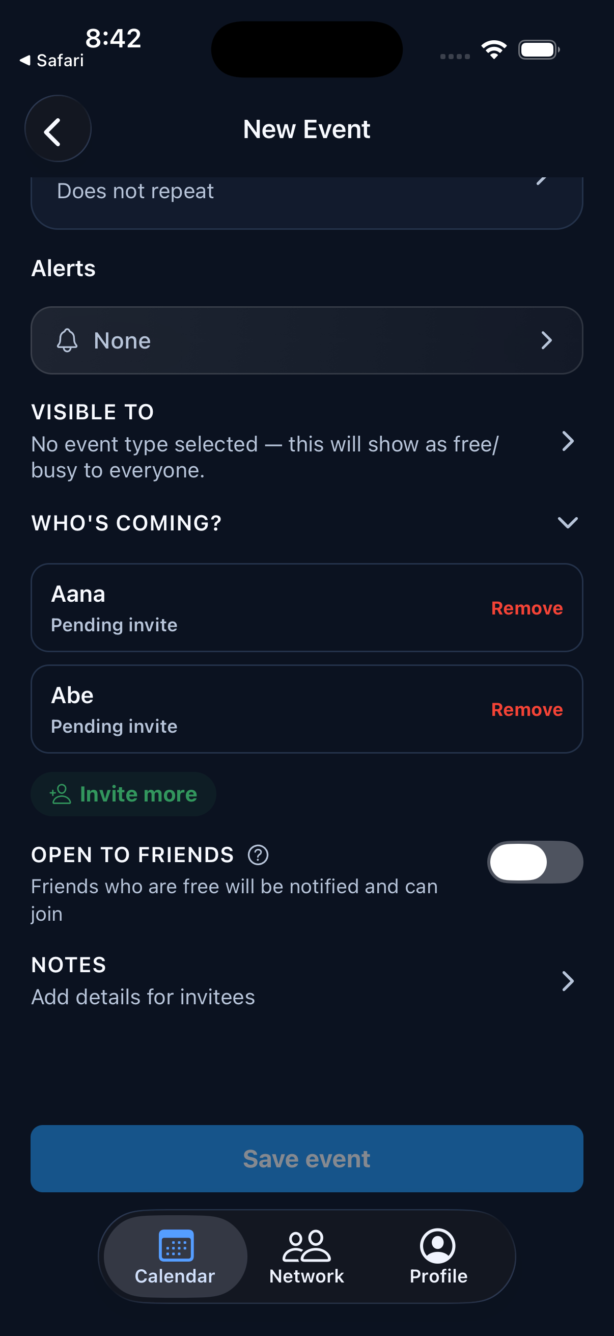 Step 2: User creates the event with invited contacts