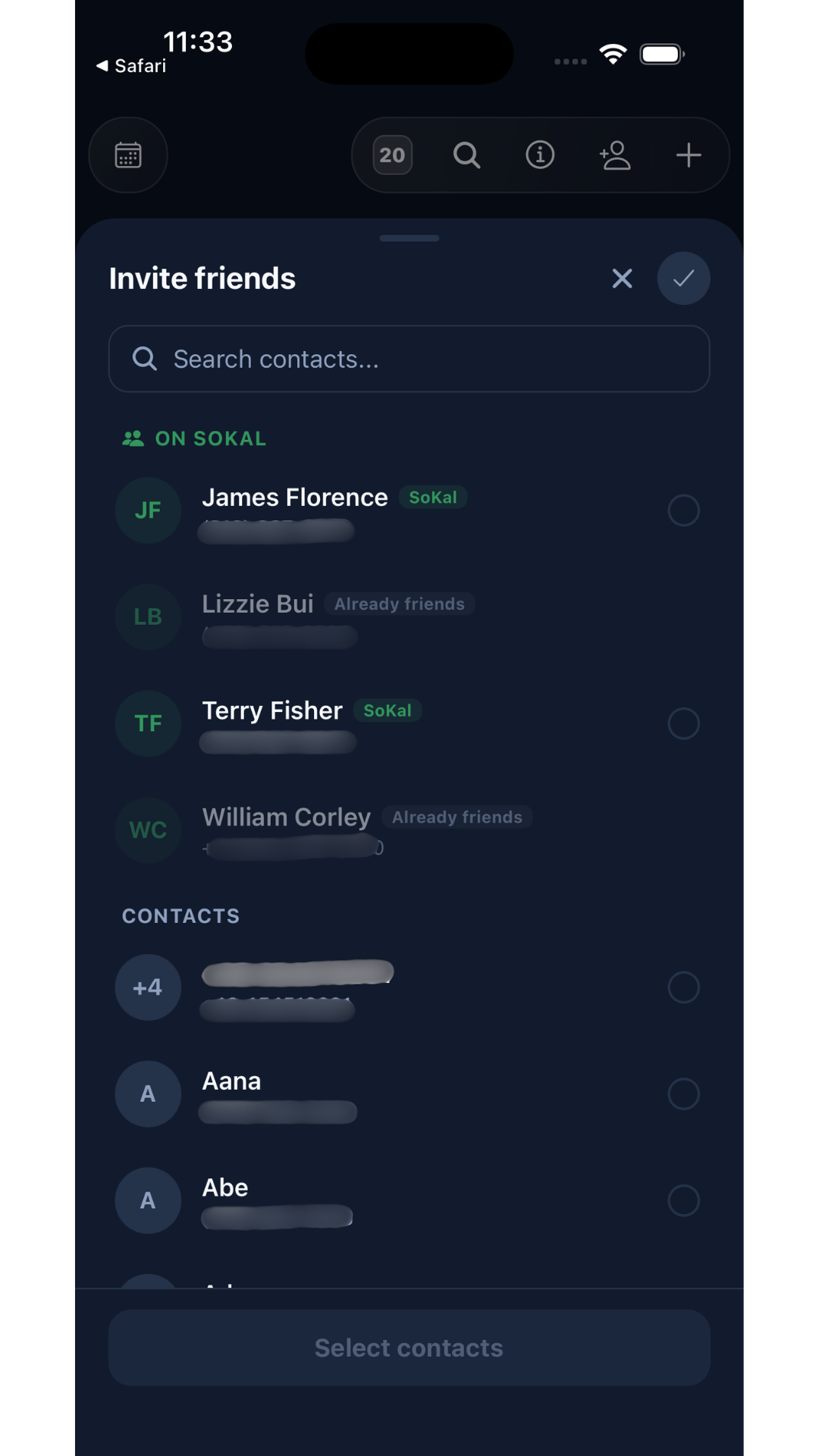 Friend invite screen: SoKal user selects a contact and sends a one-time invitation
